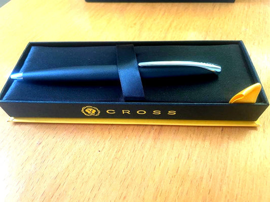 Cross brand ballpoint pen in matte black with silver accents and genuine case, new and unused