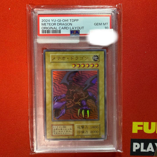 Yugioh Meteor Dragon trading card graded PSA10 displayed on a clean background