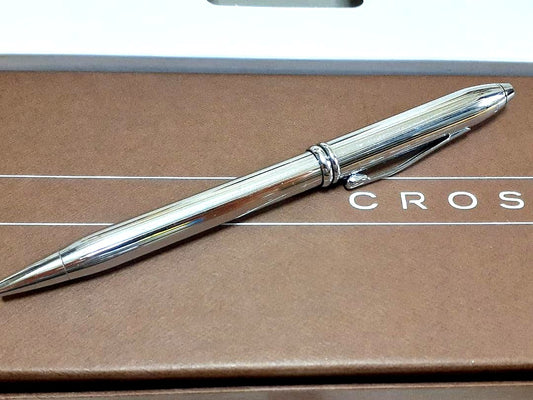 Silver CROSS ballpoint pen body with glossy finish and engraved name imported from Japan