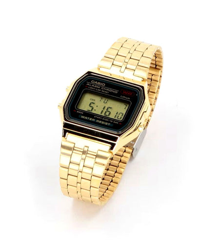 Casio A159WGEA-1JF digital wristwatch with stainless steel band and LED light on black background