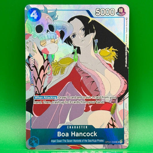 One Piece Boa Hancock English promo single trading card with slight white fading on back, Japan import