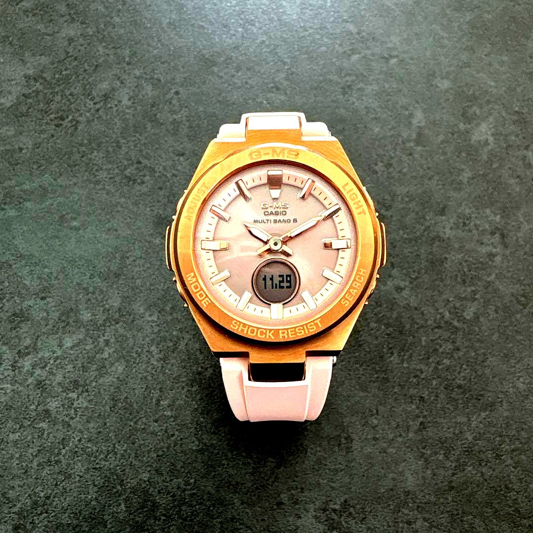 Casio Baby-G MSG-W200G-4AJF pink gold finish watch with mirror-finished metal bezel and resin band
