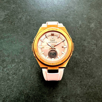 Casio Baby-G MSG-W200G-4AJF pink gold finish watch with mirror-finished metal bezel and resin band