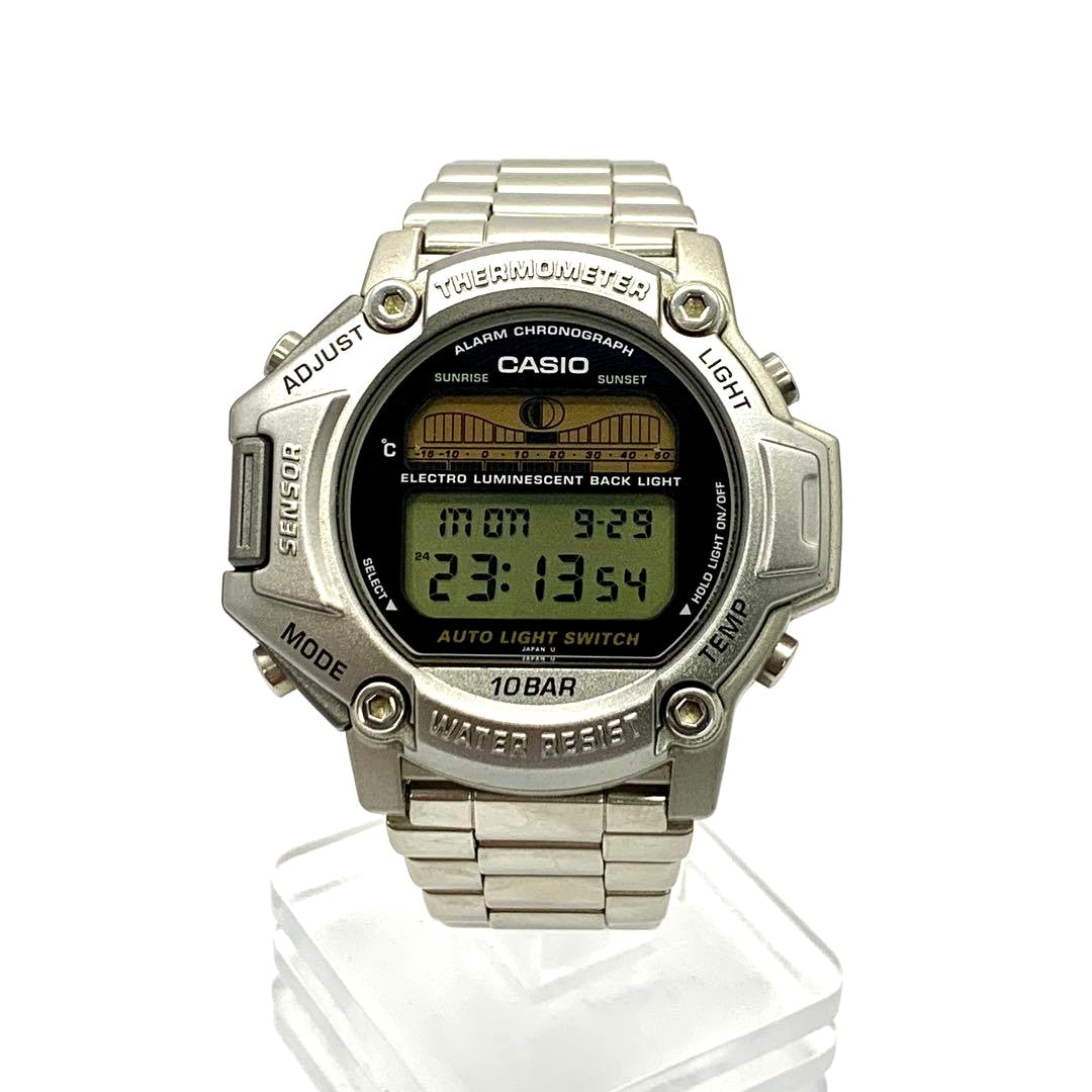 Casio Pro Trek Digital Watch Model R7-3715 featuring electro luminescent backlight and stainless steel band