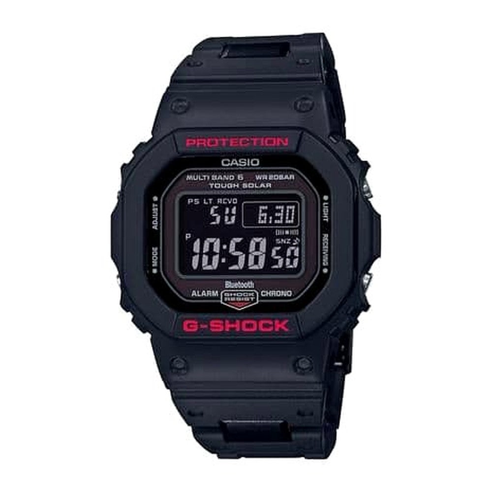 Casio G-Shock GW-B5600HR-1JF digital watch with black and red design showing time and Bluetooth connectivity