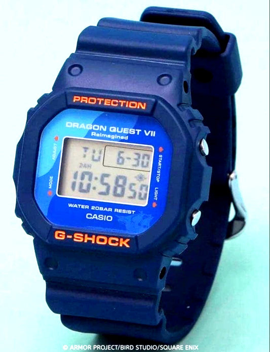 Casio Dragon Quest VII G-Shock DW-5600 navy watch with blue orange accents and slime backlight