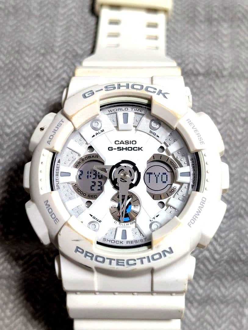 Casio G-Shock GA-120A white watch with illumination, slightly yellowed aged color, Japan import