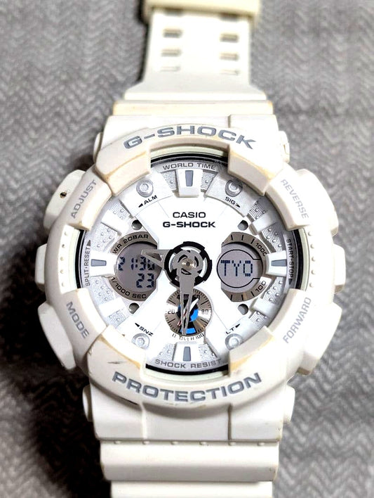 Casio G-Shock GA-120A white watch with illumination, slightly yellowed aged color, Japan import