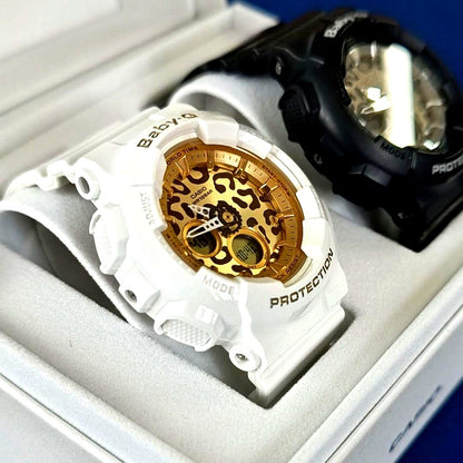 Casio Baby-G pair leopard pattern watches BA-120LP-7A2JF and BA-120LP-1AJF side by side