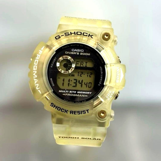 Casio G-Shock Frogman GW-225E digital watch with clear design and black resin band