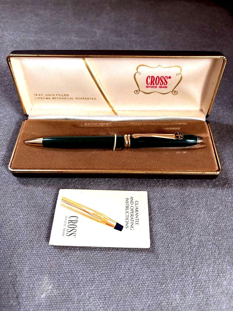 Cross Townsend ballpoint pen with green marble body and gold accents, blue ink, made in the USA