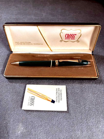 Cross Townsend ballpoint pen with green marble body and gold accents, blue ink, made in the USA