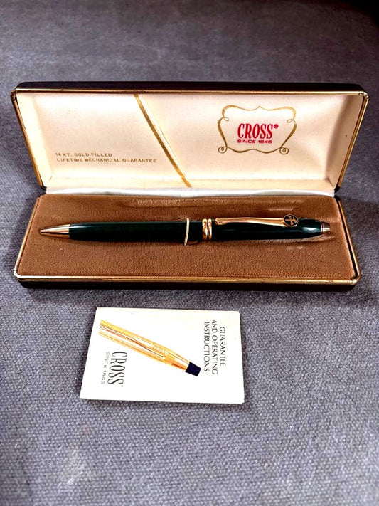 Cross Townsend ballpoint pen with green marble body and gold accents, blue ink, made in the USA