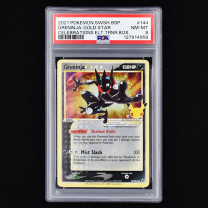 PSA8 graded Pokemon Center Greninja Gold Star promo card SWSH144 with holographic finish