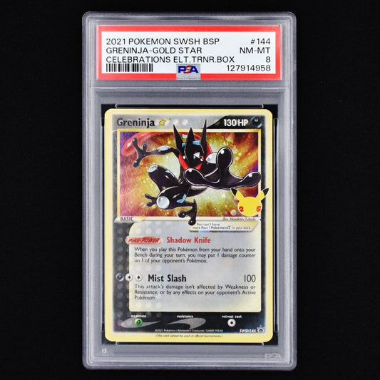 PSA8 graded Pokemon Center Greninja Gold Star promo card SWSH144 with holographic finish