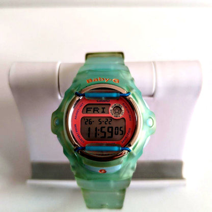 Casio Baby-G BG-169R quartz watch with skeleton resin and stainless steel case, orange dial, and blue LCD display