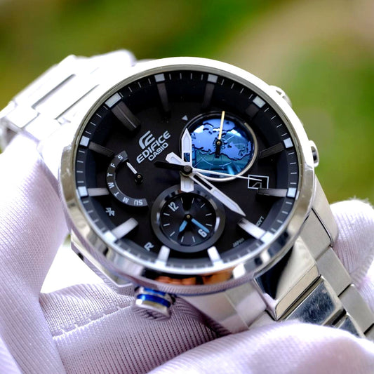 Casio Edifice EQB 600D 1AJF watch with stainless steel band, chronograph dial, and original box