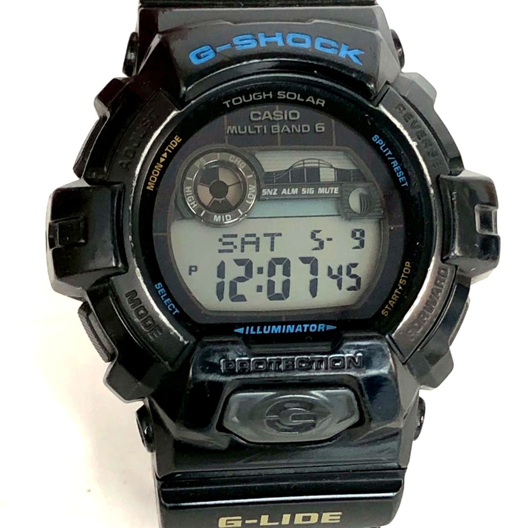 Casio G-Shock G-Lide GWX-8900-1JF black solar digital watch with visible scratches on bezel and band