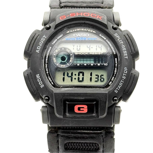 Casio G-Shock DW-9000 digital black watch showing front view with display and case