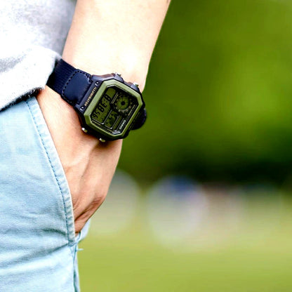 Casio AE-1200WHB-1BVDF digital watch with world map display and black nylon band