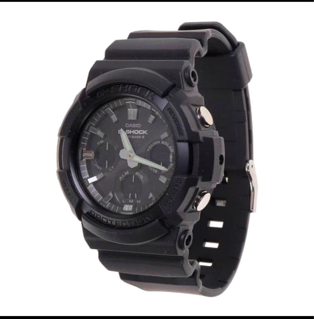Casio G-Shock GAW100B-1AJF black men's watch with analog-digital display and solar radio wave technology