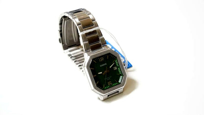 Casio MTP-B195D-3A green watch with octagonal metal bezel and stainless steel case