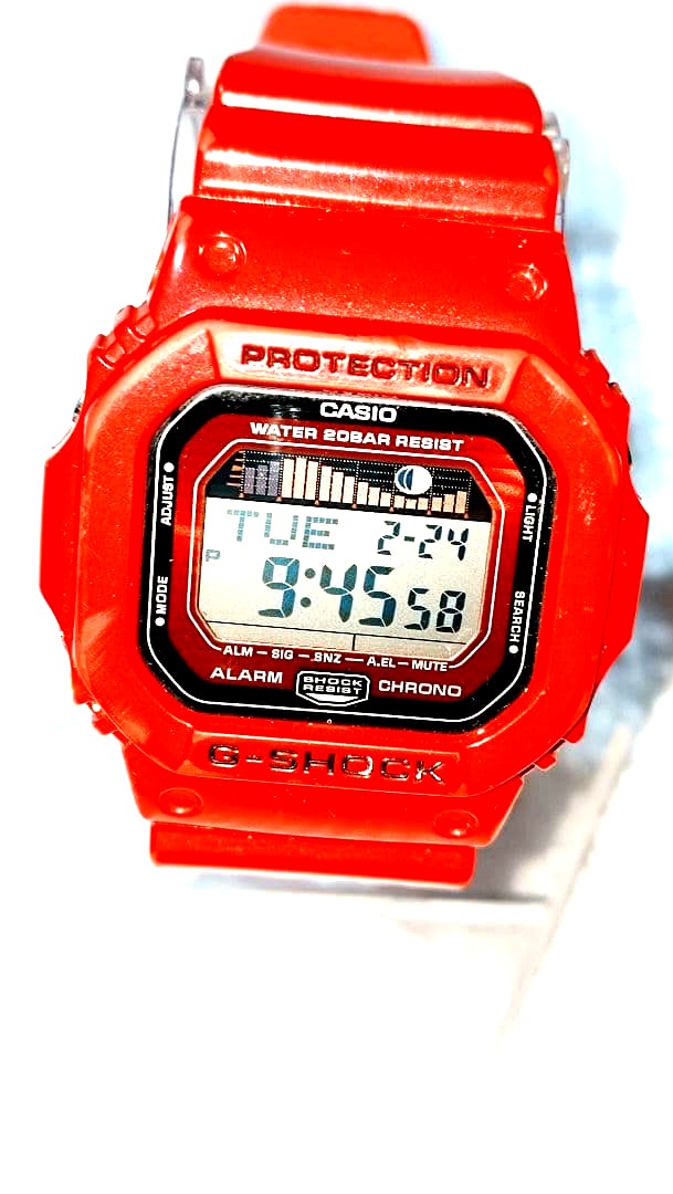 Casio G-Shock Glx-5600 red watch featuring alarm and chronograph functions with red designed strap