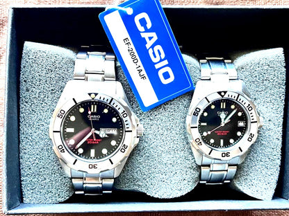 Casio EF-2000D-1AJF stainless steel pair watches with date display and 20 ATM water resistance