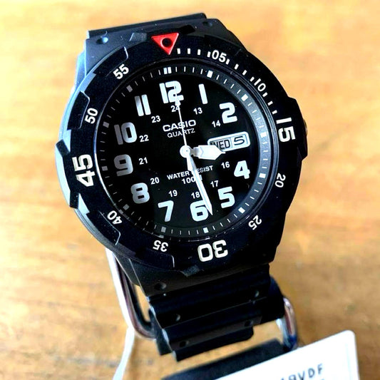Casio MRW-200H-1B men's watch with black dial and resin band, 10 ATM water resistance, and date display
