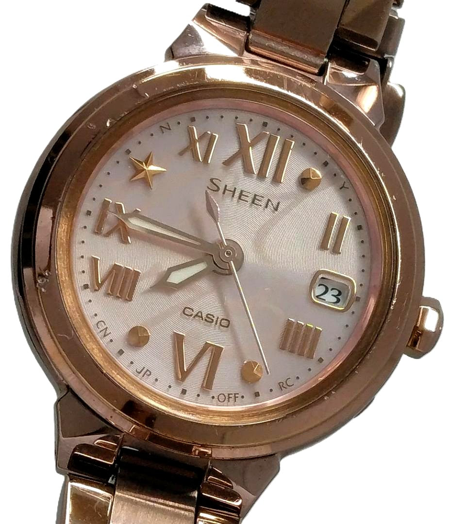 Casio Sheen SHW-1508 women's watch with pink case, white dial, solar radio wave control, stainless steel case