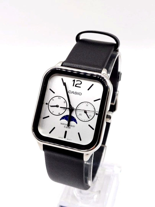 Used Casio Moon Phase MTP-M305L watch showing the dial with moon phase indicator and metal strap
