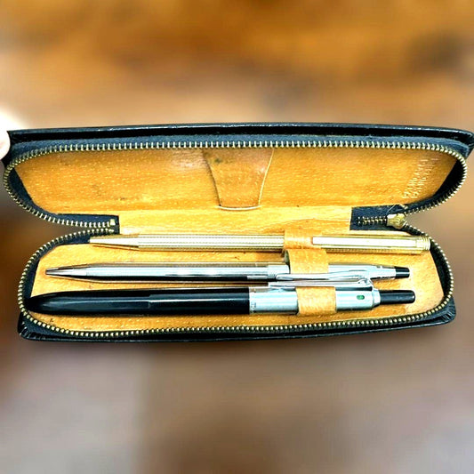 CROSS Pelican Retro Ballpoint Pen Set with gold metal pens and brown leather case