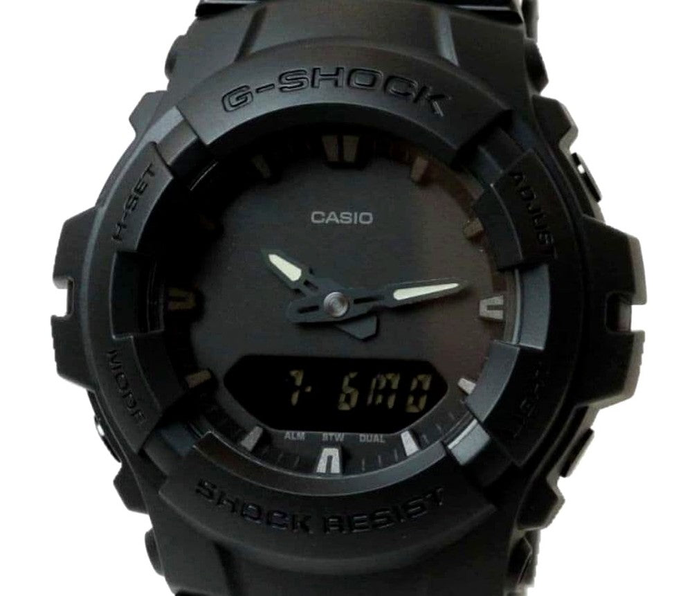 Casio G-Shock G-100BB black digital watch with all-black resin case and band, shock resistant, Japan import