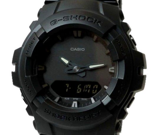 Casio G-Shock G-100BB black digital watch with all-black resin case and band, shock resistant, Japan import