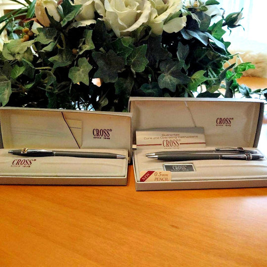 CROSS gray ballpoint pen and 0.5mm mechanical pencil set with warranty cards