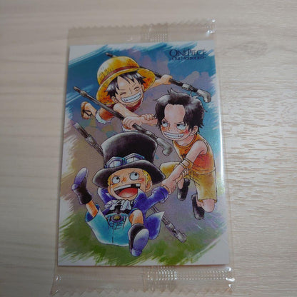 One Piece wafers card set showing Luffy, Ace, and Sabo characters from Japan import