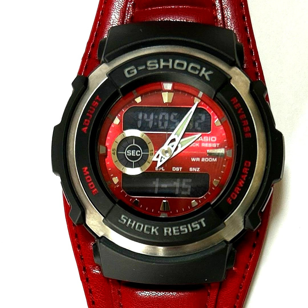 Casio G-Shock G-Spike G-300L watch with red leather band and analog-digital display