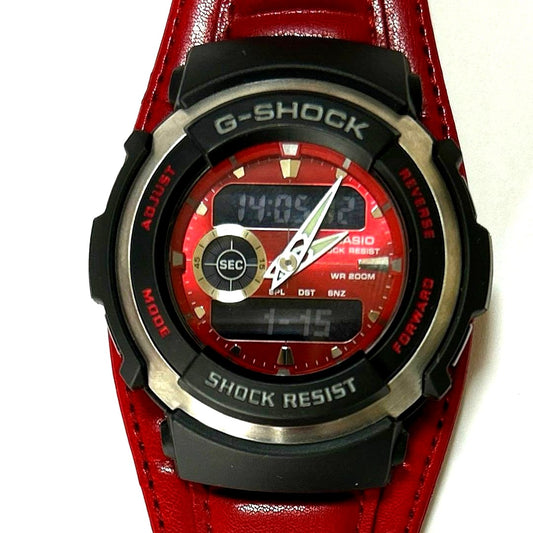 Casio G-Shock G-Spike G-300L watch with red leather band and analog-digital display