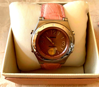 Casio Wave Ceptor pink leather solar radio watch model WA-1100H-4AJF with 35mm face and original box