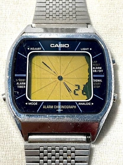 Casio Series 103 A201 vintage digital watch showing functional buttons and backlight feature
