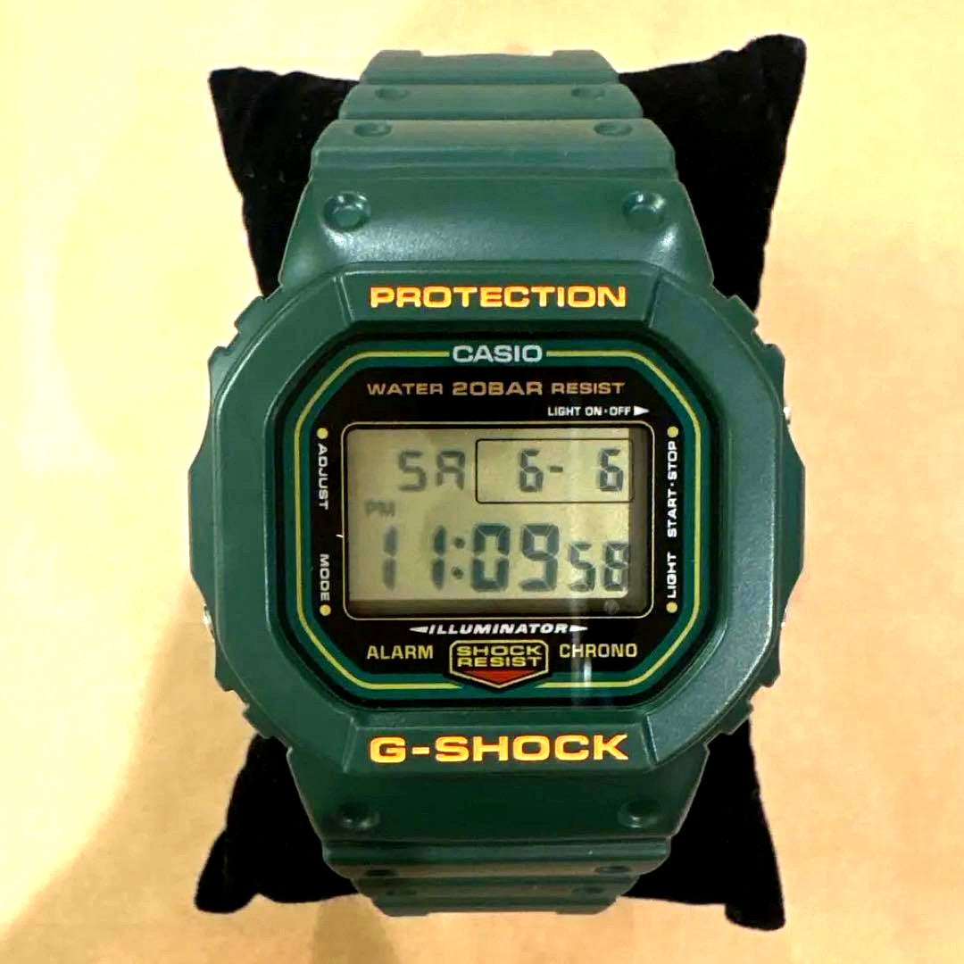 Casio G-Shock DW-5600RB-3JF green reissue watch with digital display and durable design