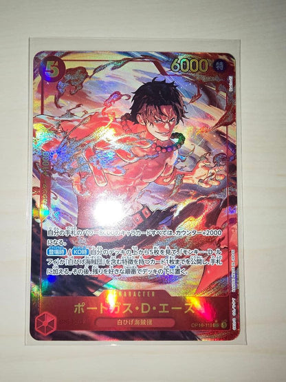 One Piece Card Battle of Wills featuring Ace Secret Parallel card in used condition stored in hard sleeve