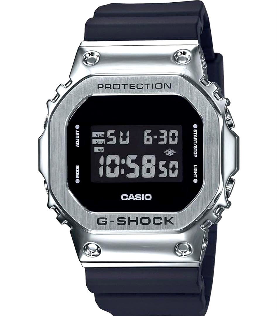 Casio G-Shock GM-5600-1JF metal covered black watch showing front display and strap