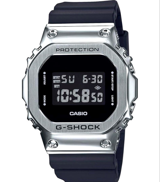 Casio G-Shock GM-5600-1JF metal covered black watch showing front display and strap