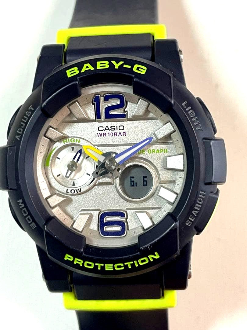 Casio Baby-G BGA-180 ladies watch in black with neon green accents and 43mm case size