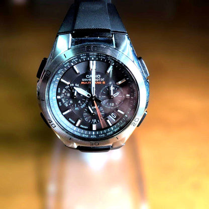 Casio Wave Ceptor WVQ-M410 solar radio watch with black face, silver bezel, and black band