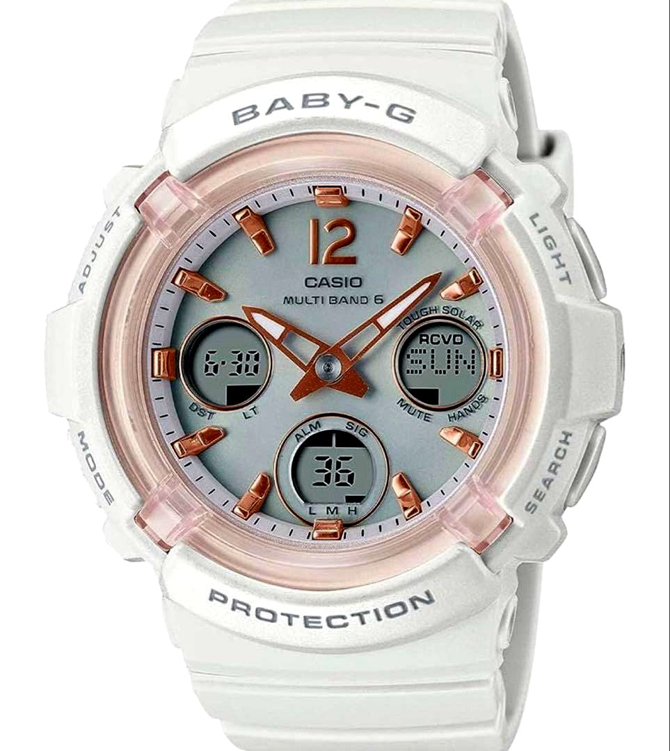 Casio Baby-G Radio Solar Watch model BGS-100GL-4AJF in white and pink with visible color transfer on belt