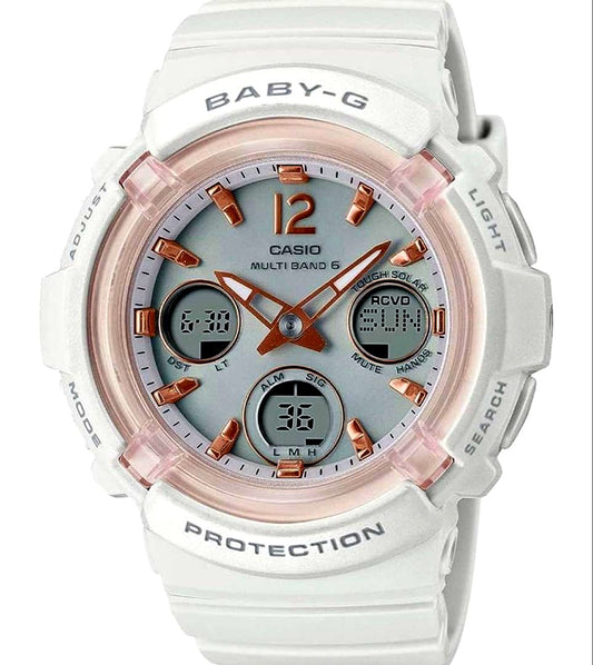Casio Baby-G Radio Solar Watch model BGS-100GL-4AJF in white and pink with visible color transfer on belt