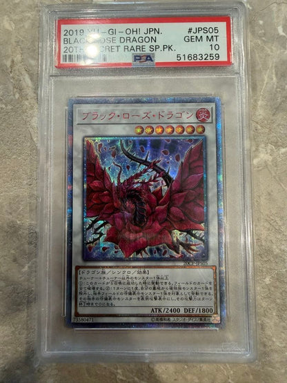 Black Rose Dragon 20th edition trading card graded PSA10 shown front and center