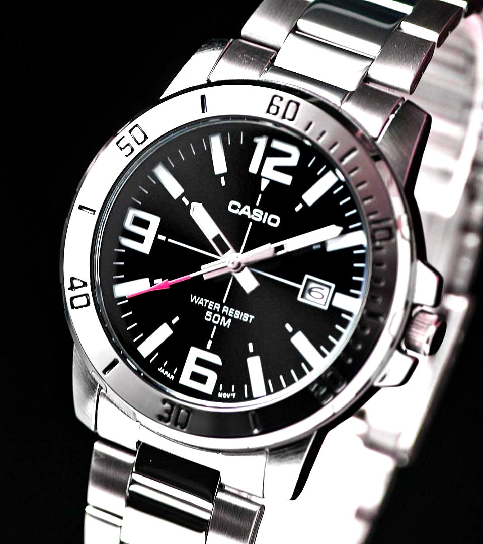 Casio Overseas Model Men's black watch VD01D-1B with 50m water resistance and date calendar